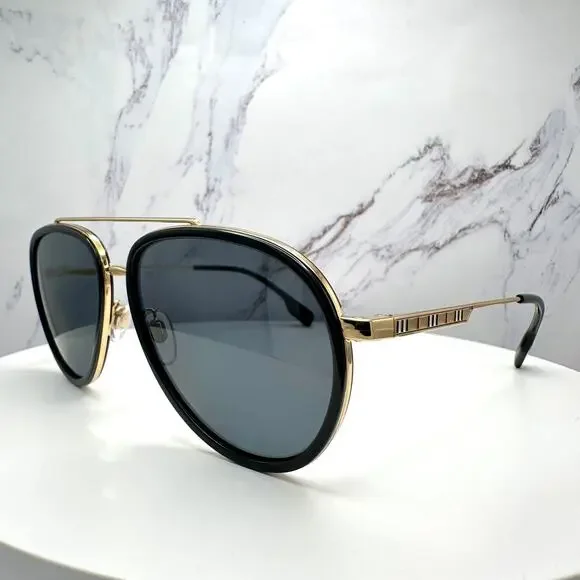 New Burberry Sunglasses Polarized Gold Black Check Arms Aviator Pilot Metal - Picture 13 of 16